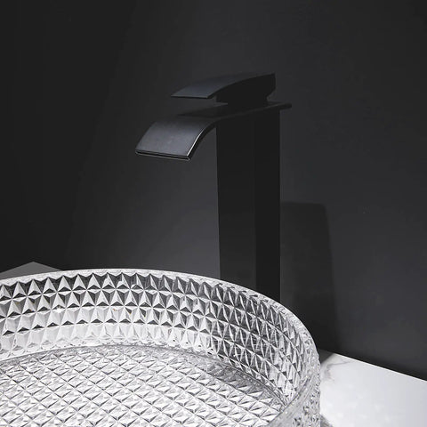 USZWBY Bathroom Vessel Sink Vanity Tempered Glass Vessel Bowl Sink Transparent Countertop Sink Bowl Above Counter Sink with black faucet