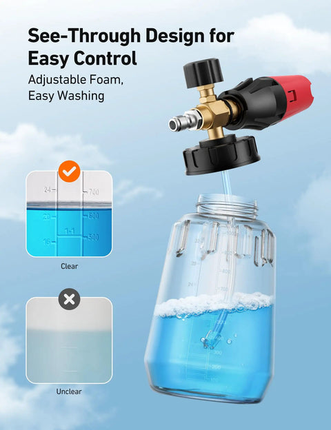 Foam Cannon For Pressure Washer With Wide Neck And Adjustable Nozzle Snow Foam Blaster For Car Wash 1/4 Inch Quick Connector 1 L