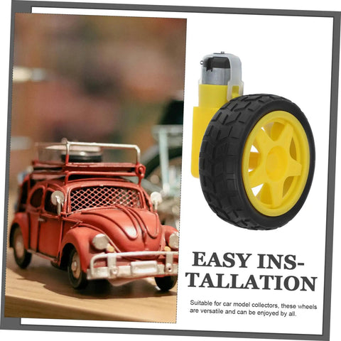 Close-up of electric motor and plastic tire wheel set for RC cars and trucks, easy assembly with axles, in hobby kit display.