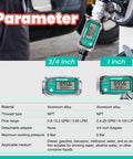 Display of a 3/4-Inch and 1-Inch Digital Turbine Flow Meter NPT Thread for Water, Diesel, Gasoline, Kerosene, Methanol, showcasing parameters.