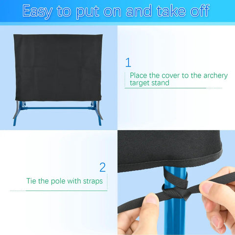 Heavy Duty Archery Target Stand Cover For Bow And Arrow Thick Protective Shield For Indoor Outdoor Practice Weatherproof Nylon Protector Fits 47.2 Inch High By 35.4 Inch Wide Stands Easy Setup, shows installation steps.