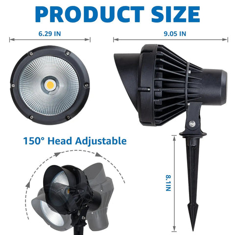 Dimensions of 40W LED Outdoor Spotlight Plug In 120V 4000LM Warm White 3000K with 150° adjustable head and stake.