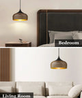 Modern Walnut Wood Dome Pendant Light Matte Black Metal With Warm Gold Interior Adjustable Hanging Fixture in a bedroom and living room.