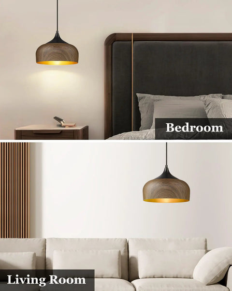 Modern Walnut Wood Dome Pendant Light Matte Black Metal With Warm Gold Interior Adjustable Hanging Fixture in a bedroom and living room.
