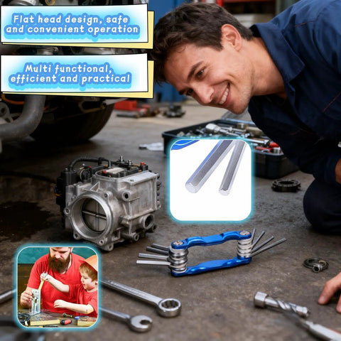 Mechanic using 8-In-1 Folding Hex Key Set With Carabiner, CR-V Steel Metric Allen Wrenches 1.5-6mm in auto repair shop