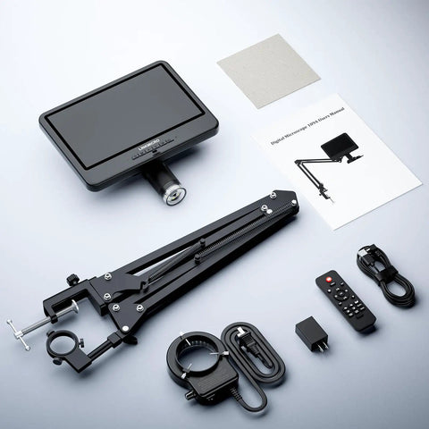 10.1 Inch IPS Digital Microscope With Flexible Arm Stand And 56 LED Ring Light For Coins And Soldering Electronics 260X Magnification PC View Dope For Home Hobbyists And Electronics Enthusiasts, with stand and accessories