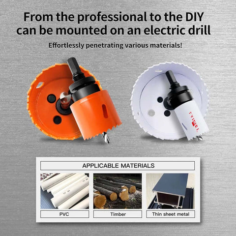 Hole Saw Kit LAIWEI, two drill-mounted hole saws (orange/white) with arbors