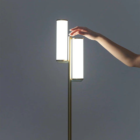 Gemini Dimmable Floor Lamp With Two Lights In Gold Brass Finish, Modern Tall Tree Style For Bedroom, Office, And Living Room, Sleek Standing Lamp For Contemporary Home Decor