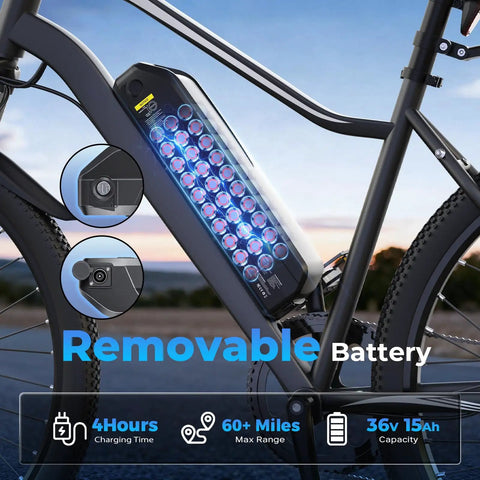 Detail of Powerful 750W Electric Bike For Adults, City Cruiser With removable battery, 36V 15Ah, 60+ mile range, 26 inch tires