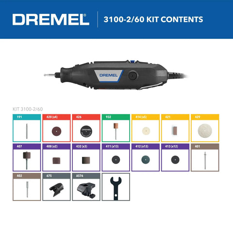 Heavy Duty Variable Speed Rotary Tool Kit With A Slick 1.2 Amp Motor showing tool and accessories for cutting, sanding, and drilling.