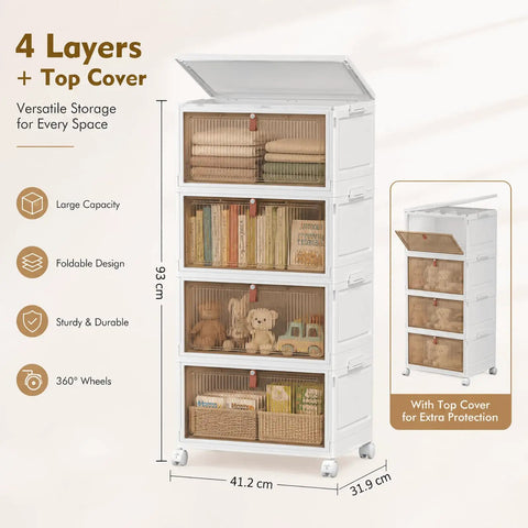 Heavy Duty 28 Quart Stackable Storage Totes With Roll Along Wheels Premium Plastic Home Stash Organizer Featuring Locking Casters And Smooth Magnetic Door For Slick Space Organization, showcasing four-layer storage with transparent lids.