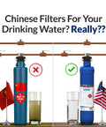 Comparison of Chinese-made and American-made water filters with flags and water clarity differences.