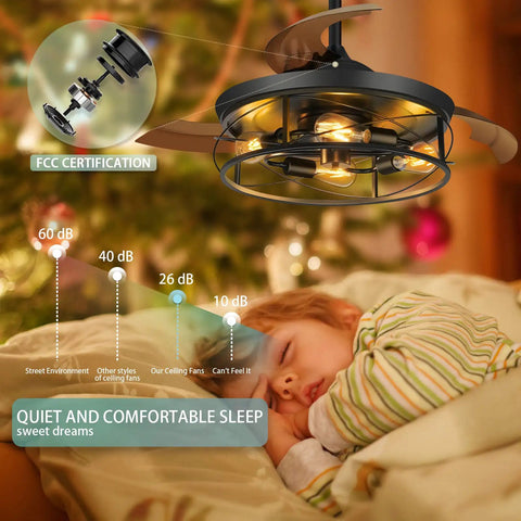 42 Inch Retractable Ceiling Fan With Lights Remote Control And Wall Switch Inverter Dual Control Six Speeds Caged Rustic Black