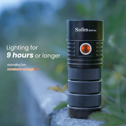 Ultra Bright SP36 Pro Flashlight With 8000 Lumens on outdoor surface with lighting specs displayed