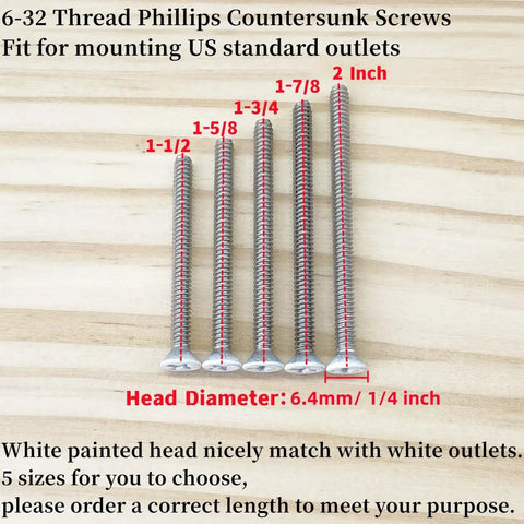 Heavy Duty Extra Long Outlet Mounting Screws Forty Piece Pack Six Thirty Two Gauge One And Half Inch Reach White Painted Phillips Countersunk Heads on wood backdrop