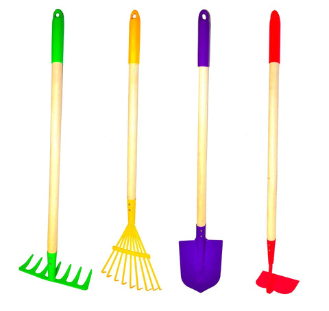 Kids Garden Tool Set 4 Piece Rake Spade Hoe And Leaf Rake With Real Wood Handles And Steel Heads, 27.5 Inch Long Multicolor