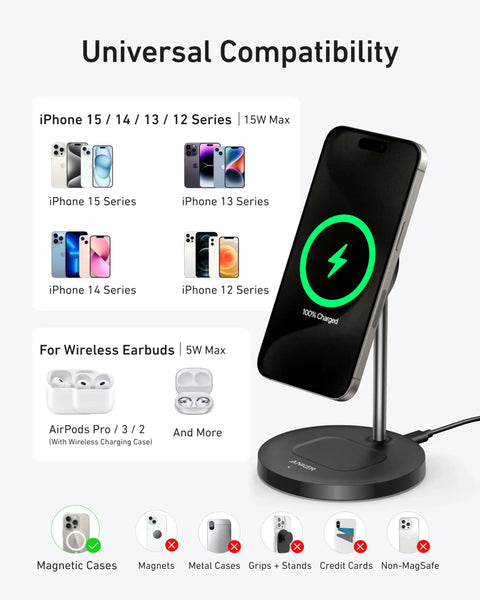 Must Have MagSafe Compatible 15W Fast Charging Stand With MagGo 2 In 1 Wireless Charger Station For iPhone and AirPods shown charging