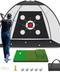 Backyard Golf Practice Net 10x7 Ft with Practice Mat, 3in1 Turf Mat, Target Pockets, 5 Golf Balls and Tee, shown with golfer