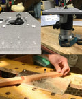 Close-up of Heavy Duty Aluminum Router Table Insert Plate For Woodworking Benches With Slick Router Insert Rings And Hardware No Sweat Setup Hella Durable 12 Inch Router Base Replacement during use.