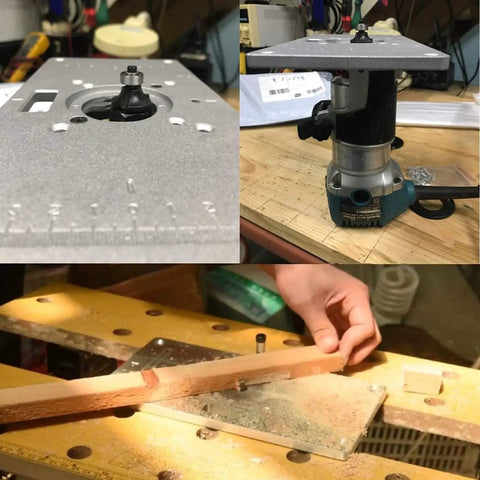 Close-up of Heavy Duty Aluminum Router Table Insert Plate For Woodworking Benches With Slick Router Insert Rings And Hardware No Sweat Setup Hella Durable 12 Inch Router Base Replacement during use.