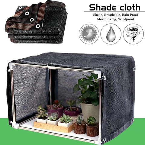 Ultimate Garden Shade Cloth Mesh Netting With Grommets For Pergola Patio Plants Greenhouse And Chicken Coop 70 To 90 Percent Shade Protection 6 By 3 Feet Outdoor Sun Cover folded and draped over a small greenhouse filled with potted plants.