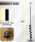 Diagram showing 32 Inch Long Garden Auger Drill Bit For Planting Bulbs And Post Holes with hex drive and drill hole size guide.