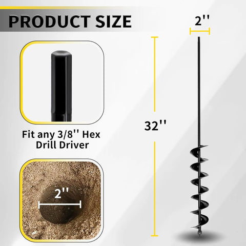 Diagram showing 32 Inch Long Garden Auger Drill Bit For Planting Bulbs And Post Holes with hex drive and drill hole size guide.