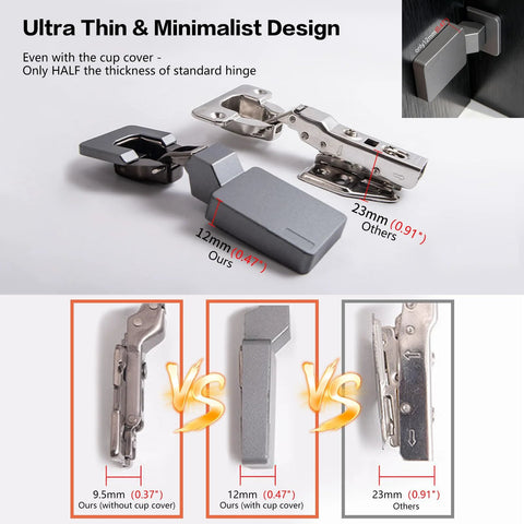 Frameless Inset Soft Close Concealed Cabinet Hinges Titanium Black Ultra Thin Finish with 3D Adjustment shown side by side.