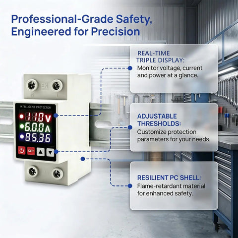 Badass Smart Circuit Breaker Adjustable Voltage Protector 110V 63A High Current Capacity showing triple display and compact design.