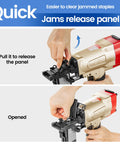 Hands operating the tool-free jam release on Heavy Duty 16 Gauge 1 Inch Wide Crown Pneumatic Stapler For Roofing And Lathing With Tool Free Jam Release And Visible Magazine Accepts Five Eighths To One And A Half Inch PW2638 L Staples.