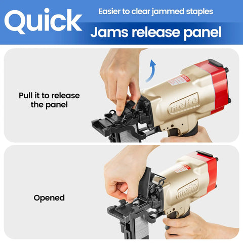 Hands operating the tool-free jam release on Heavy Duty 16 Gauge 1 Inch Wide Crown Pneumatic Stapler For Roofing And Lathing With Tool Free Jam Release And Visible Magazine Accepts Five Eighths To One And A Half Inch PW2638 L Staples.