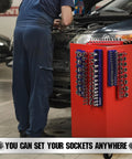 Mechanic using 12 Piece Magnetic Socket Organizer Set For Quarter Inch, Three Eighths Inch, And One Half Inch Drive SAE And Metric, Detachable Tray With 5mm Magnetic Base, Holds 143 Sockets, Modular Garage And Home Workshop Storage on red tool cart in garage