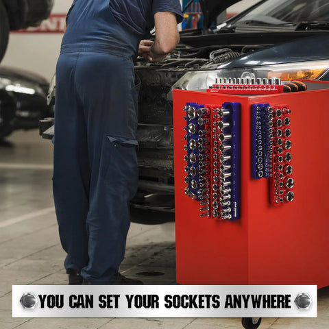 Mechanic using 12 Piece Magnetic Socket Organizer Set For Quarter Inch, Three Eighths Inch, And One Half Inch Drive SAE And Metric, Detachable Tray With 5mm Magnetic Base, Holds 143 Sockets, Modular Garage And Home Workshop Storage on red tool cart in garage