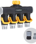 4 Way Lever Flow Through Valve Connector Bundle For Garden Hoses, High Volume Valves, Longer Levers, Vertical Operation, Metal Hose Threads, EZ Flow 4 Way Control, Yellow And Black, front view