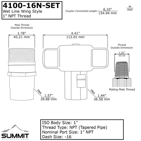 Front view of Summit Hydraulics 1-inch NPT wet-line wing-style hydraulic quick-disconnect coupler set