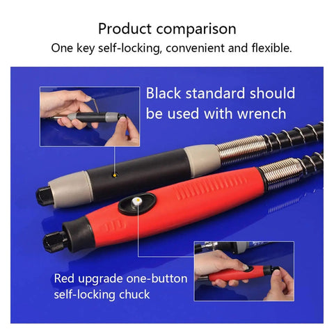 Comparison of 6mm Rotary Flexible Shaft Angle Grinder Attachment Smooth Operator. Shows standard and upgrade chucks with grips.