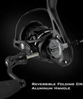 Zephyr 500 Spinning Reel Lightweight Ice Fishing Setup With Ultra Smooth Action featuring reversible folding CNC aluminum handle.