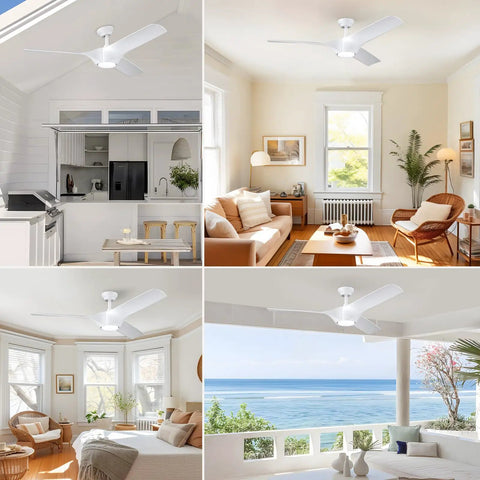 56 Inch Ceiling Fan With Lights Remote Control Dimmable LED Light Reversible DC Motor Indoor Outdoor White Ceiling Fan For Patio Bedroom And Living Room Modern Design in various home settings.