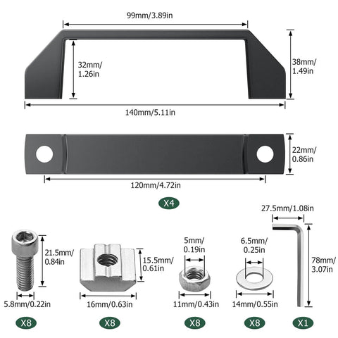 Dimensions and components of 4 Pack 3030 Aluminum Handle Set with 120mm Hole Distance for 30 Series EU Profiles.