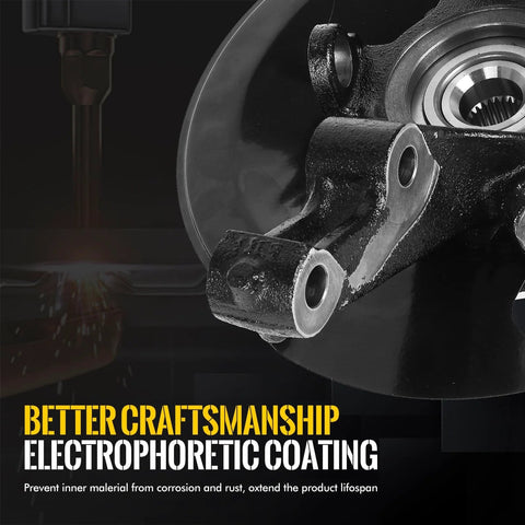 Close-up of rustproof front steering knuckle and wheel bearing hub assembly for Honda Civic 2003-2005 with electrophoretic coating.