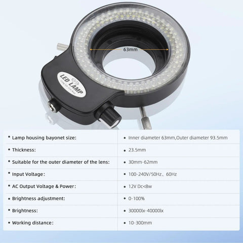 144 LED Ring Light For Stereo Microscopes And Cameras, Adjustable Illuminator With Dimmable Brightness, Pro Grade Lab Lighting For Clear Close Ups And Precise Imaging, 63mm mount