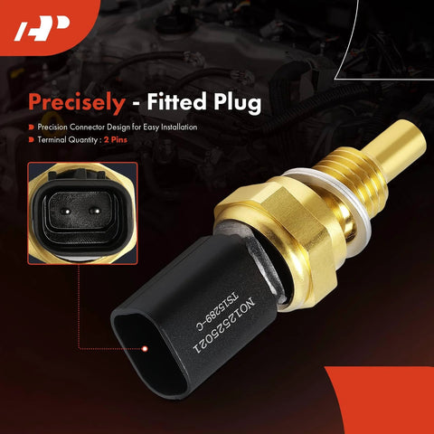 Close-up of A-Premium 2-pin engine coolant temperature sensor with brass threaded body and black connector