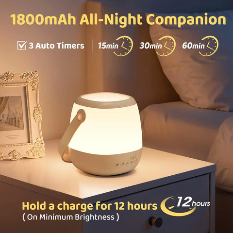 1800mAh 4 In 1 Baby Night Light Sound Machine With 35 RGB Colors And 12 White Noise Options on bedside table