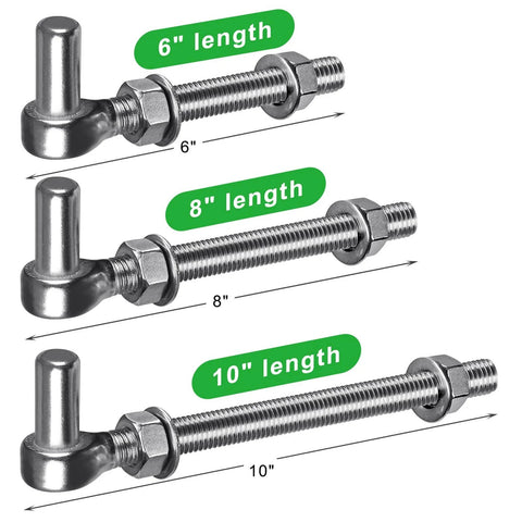 Stainless Steel J Bolt Gate Hinge 304 Grade Post Hinge For Farm Gate And Chain Link Fence Gate sizes 6, 8, 10 inches with pin.