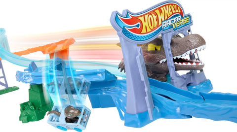 Hot Wheels RacerVerse Jurassic World Crash And Splash Playset with Velociraptor racing through a Spinosaurus-themed track.