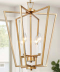 Gold Chandelier With Rotatable Geometric Frames, 4 Light Modern Lantern Pendant For Your Kitchen Island, Dining Room, Foyer And Entryway