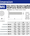 Dimensions of Grab And Go All In One Crib Hardware Kit With 16 Hex Socket Cap Bolts And Barrel Nuts In M6 Sizes displayed