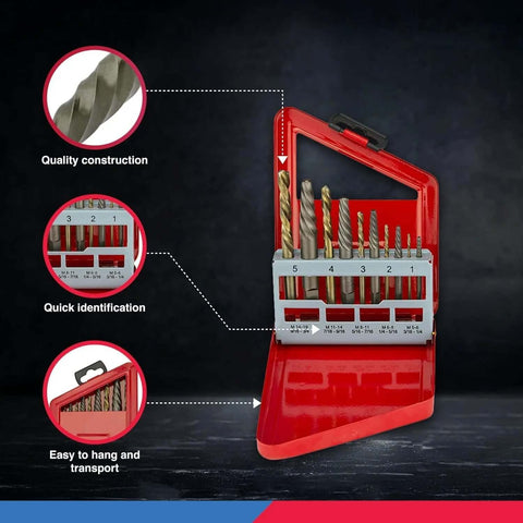 NEIKO 01925A screw-extractor and left-hand drill-bit set in red case; 10-piece HSS M2 steel bits