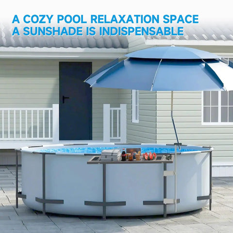 Go To Poolside Shade Umbrella For Above Ground Pools, Big Sunshade For Oval Or Rectangular Pools, installed next to an above-ground pool