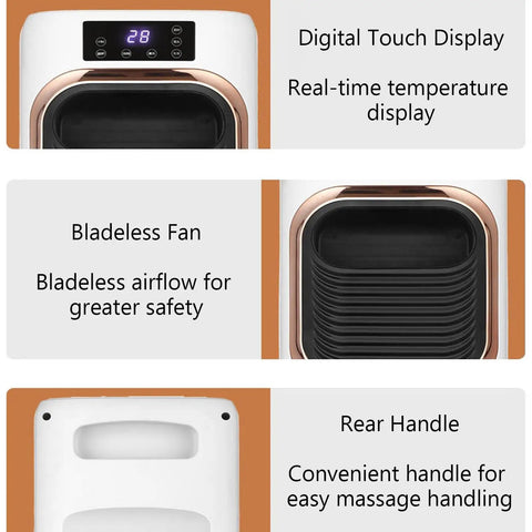 Close-up of Two In One Evaporative Air Cooler And Portable Space Heater Tower Unit showing digital display, bladeless fan, and rear handle for easy handling.